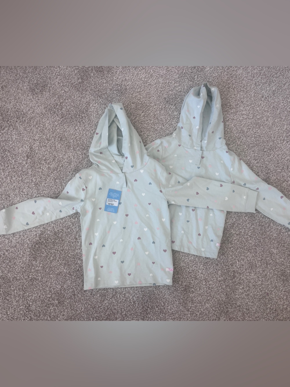 Ruffle Butts Light Sage Hooded Sweatshirt with Pink, Gray, and White Hearts